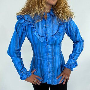 Vintage 70s Miss Rodeo America Blue & Black Striped Ruffled Yoke Western Blouse